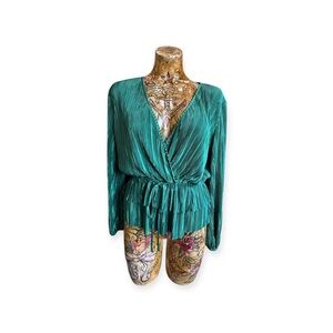 Zara green pleated top blouse v neck long sleeve medium